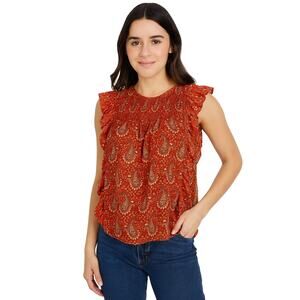 DR2 Women's Sleeveless Paisley Print Ruffle Blouse - Size XS Orange